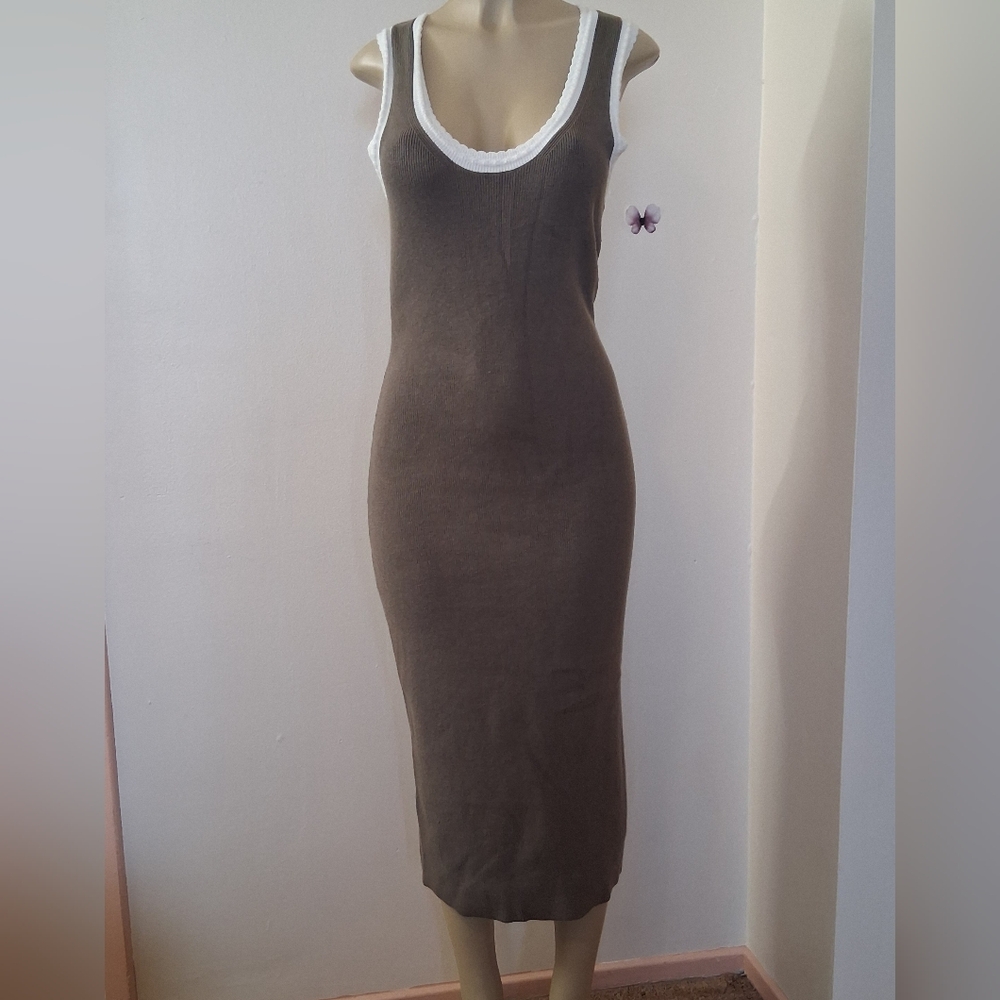 Caroline Constas Ribbed Knit Midi Dress White Outlined Medium Seaweed Green